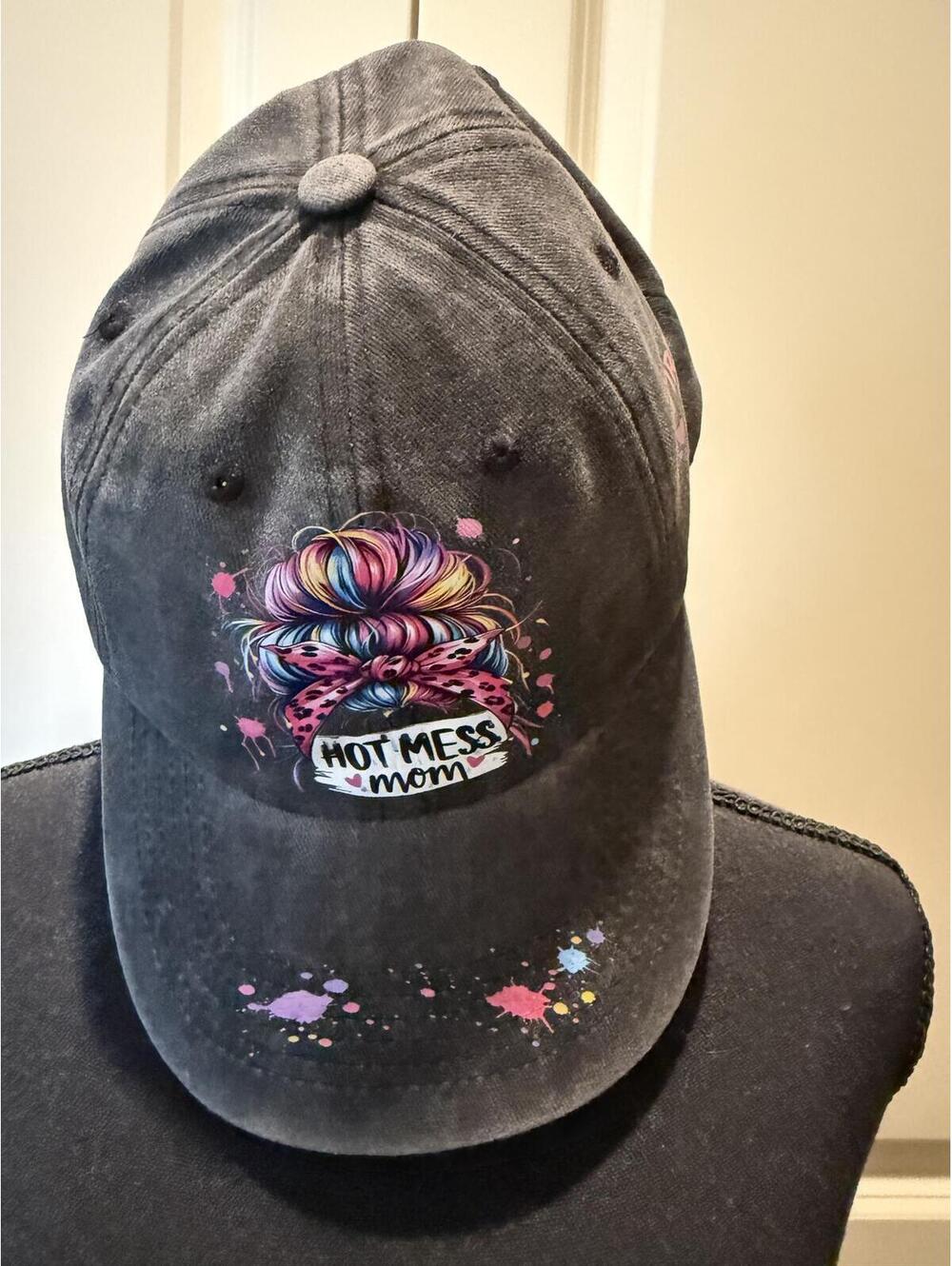 Black Baseball Cap with Colorful 'Hot Mess Mom' and 'Tired AF' Prints New